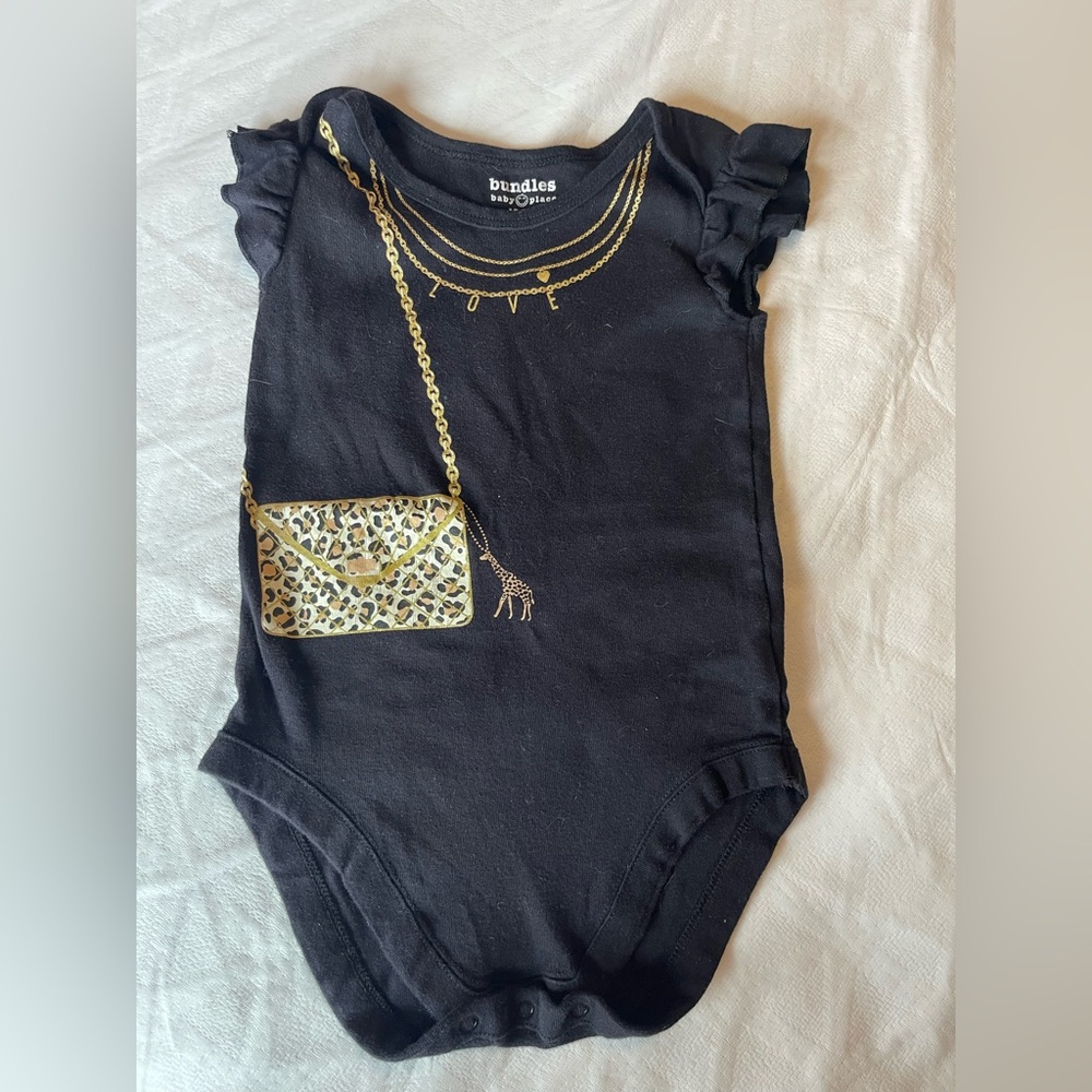 By Bundles Baby Place Black Ruffle Shoulder Baby Onesie Gold Leopard Purse Print